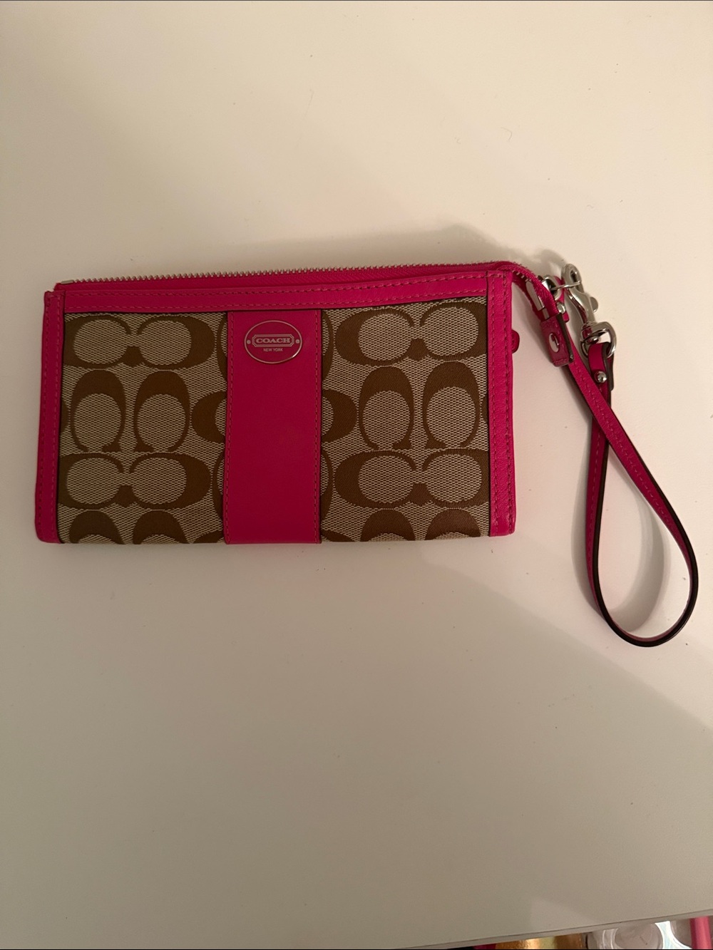 Coach Signature Canvas Wristlet with Hot Pink Trim and Strap